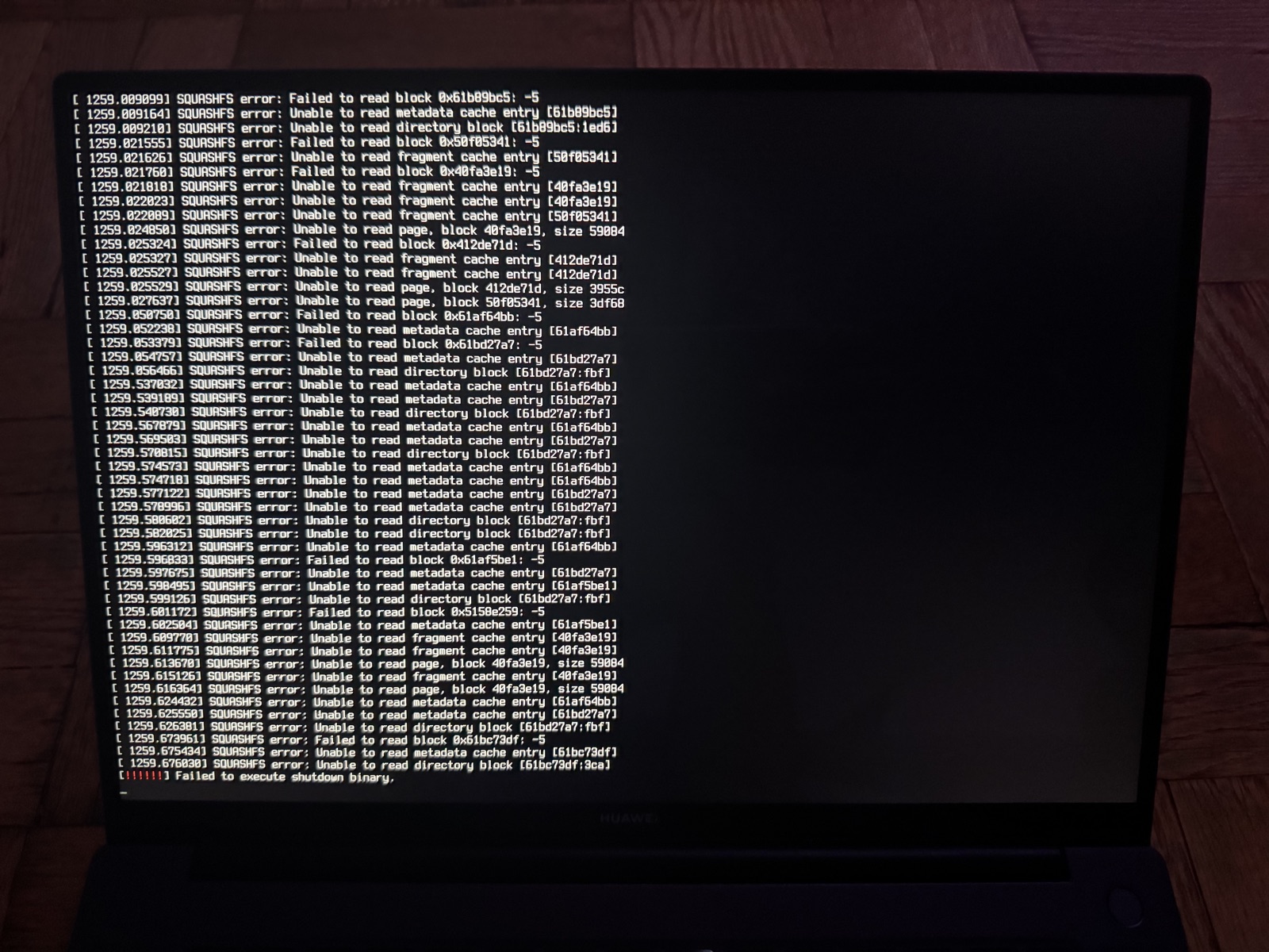 Laptop screen showing SQUASHFS messages after the PC-DNA USB was removed
