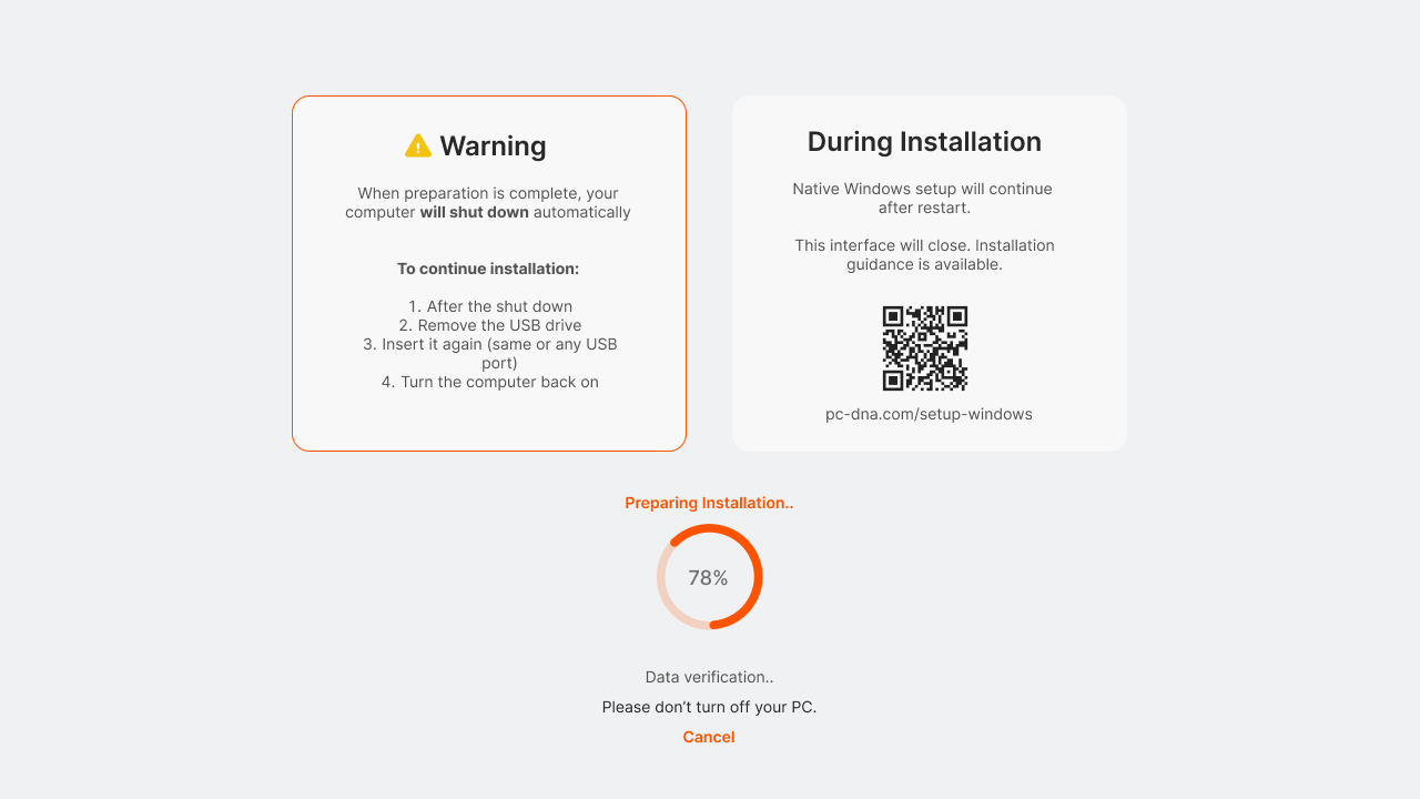 PC-DNA Preparing Installation screen with a QR code for the Windows Setup guide