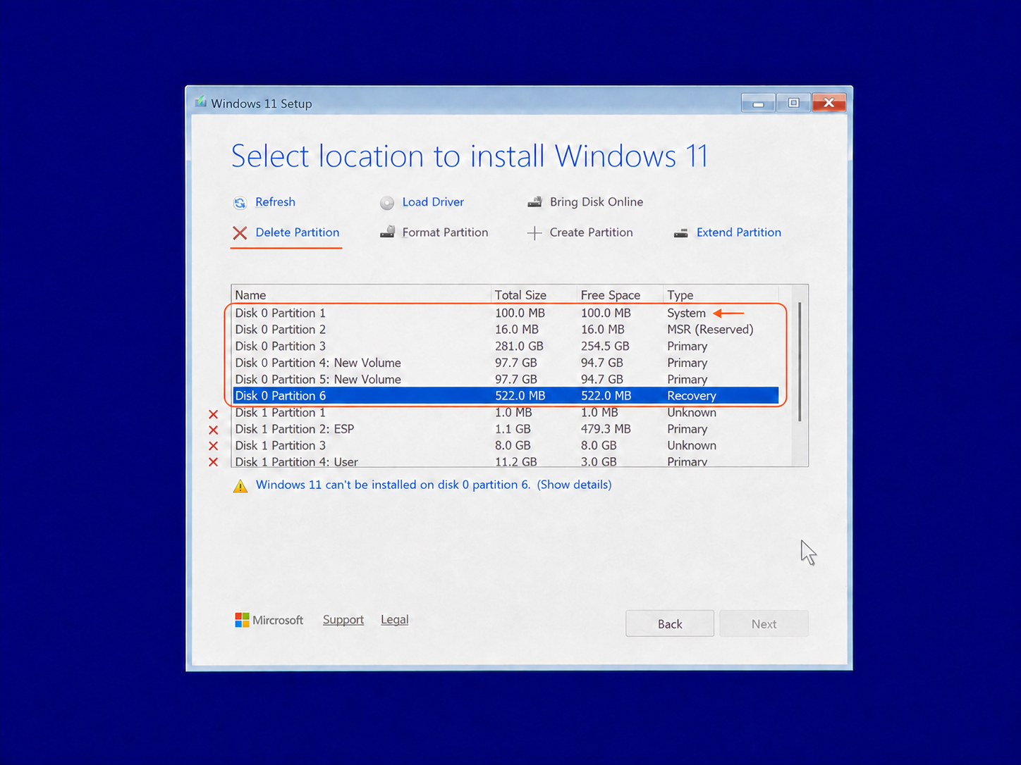 Windows Setup showing Disk 0 partitions highlighted and the PC-DNA USB partitions marked not to delete