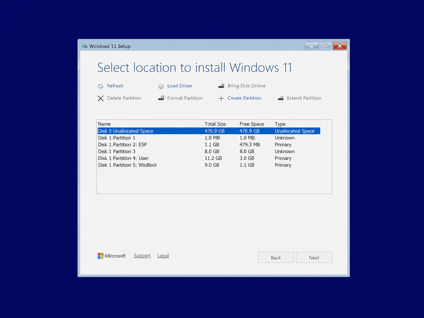 Windows Setup showing Disk 0 Unallocated Space selected