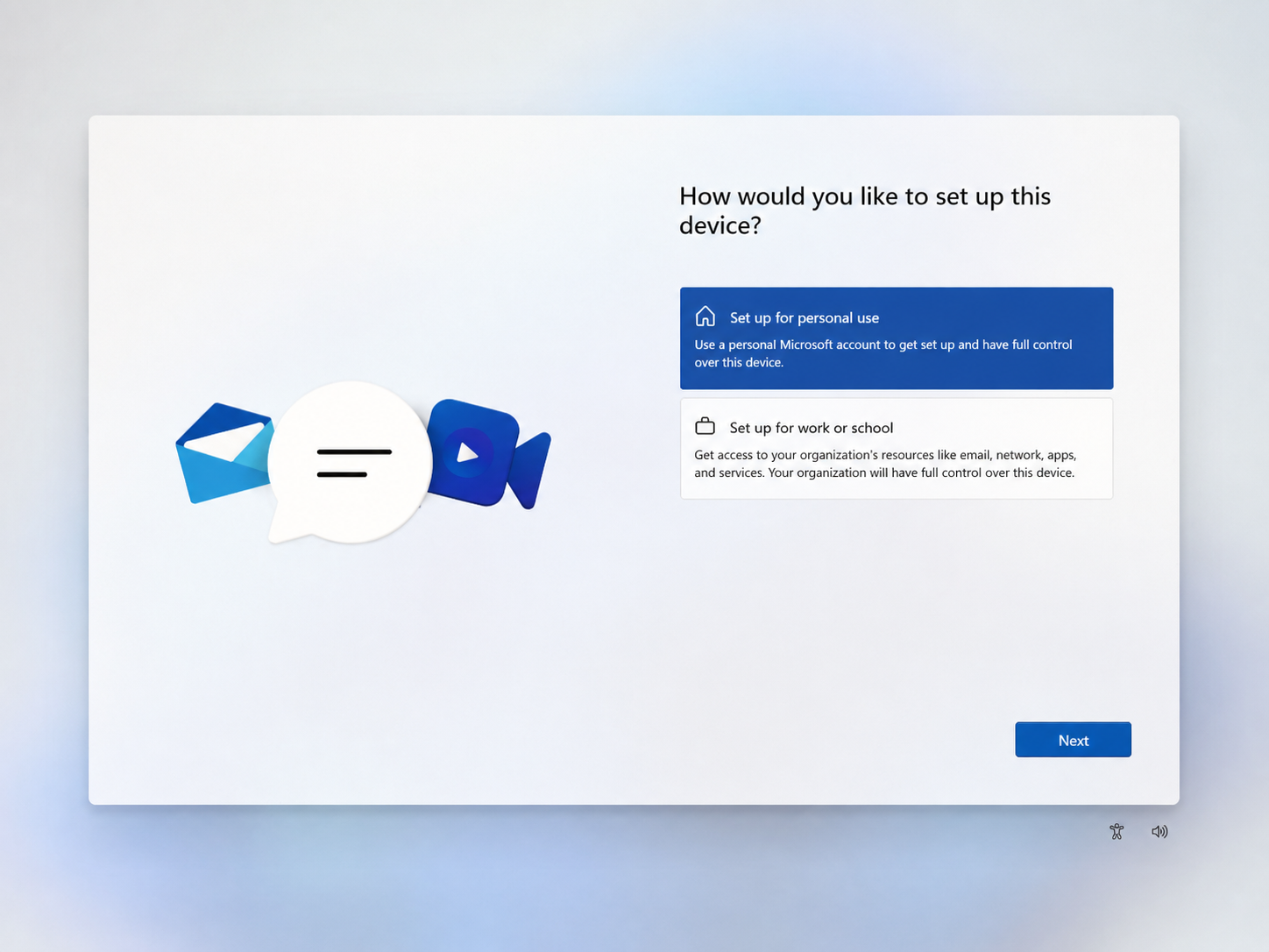 Windows setup screen with personal use and work or school options