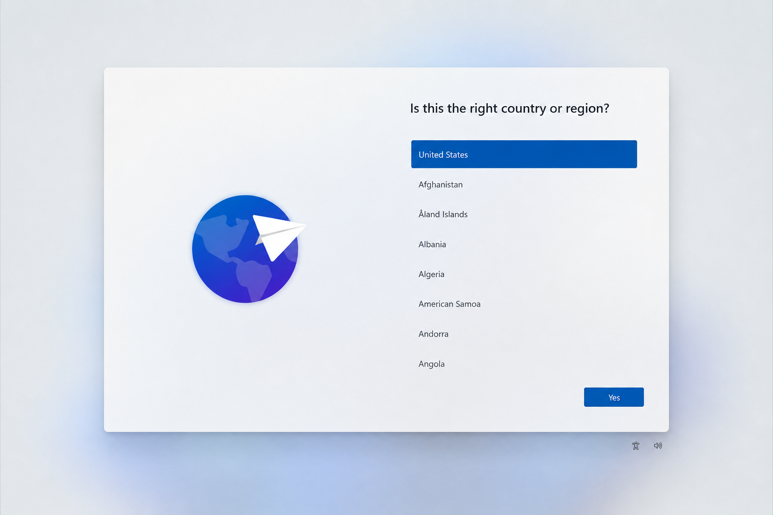 Windows 11 region selection screen